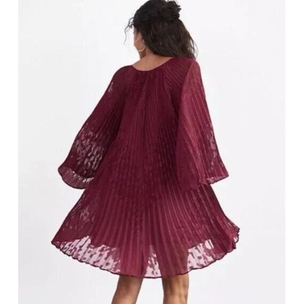 by Anthropologie Toulon Pleated Mini Dress Boho Burgundy Maroon XS Fall Autumn - Picture 11 of 12